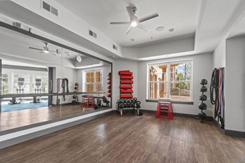 A spacious room with a ceiling fan, exercise equipment, and a view of the outdoors through large windows.